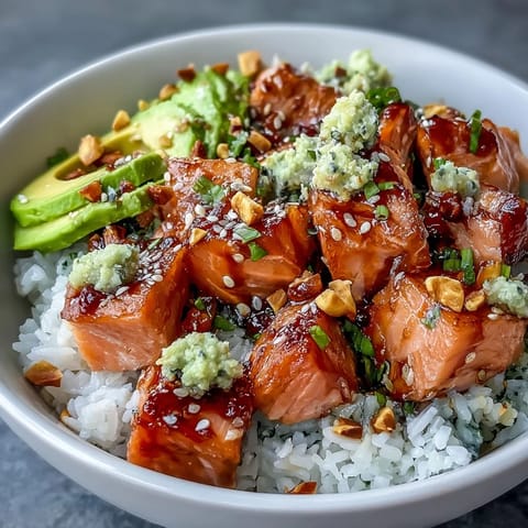 The Avocado Salmon Bowl shows spicy chili oil and green cucumber slices over warm rice with a lime wedge on the side.