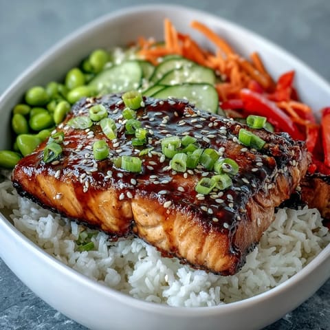 Flaky soy-ginger glazed salmon atop steamed rice, with crisp julienned veggies and sesame seeds in a bowl.