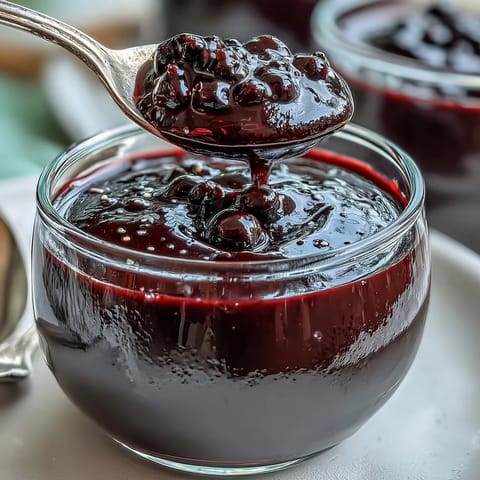 Four delicate glasses of Black Currant Panna Cotta showcase the dessert's vibrant purple hue and silky texture.  