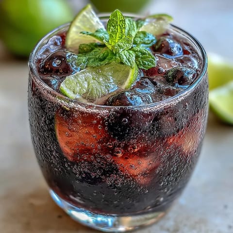 A tall glass of Black Currant Mocktail filled with ice, fresh mint sprigs, and lime slices, capturing a refreshing summer beverage.