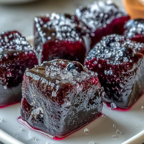 Shiny, deep purple Black Currant Gummies gleam inside a silicone mold, showcasing their chewy texture and vibrant homemade candy appearance.