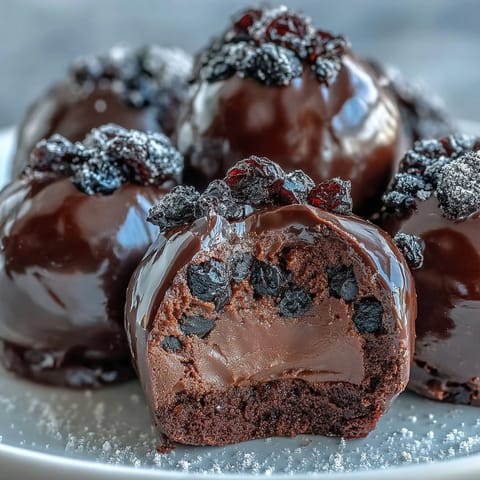 Rich Black Currant Chocolate Truffles with a vibrant purple ganache center, sliced open to reveal their fruity, velvety interior.  