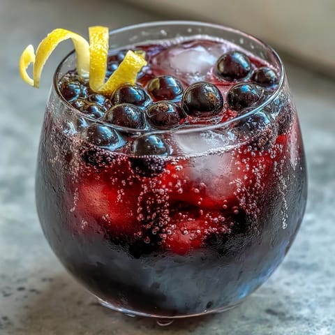 A close-up of the Black Currant and Cassis Cocktail in a chilled wine glass, garnished with fresh blackcurrants and a lemon twist.