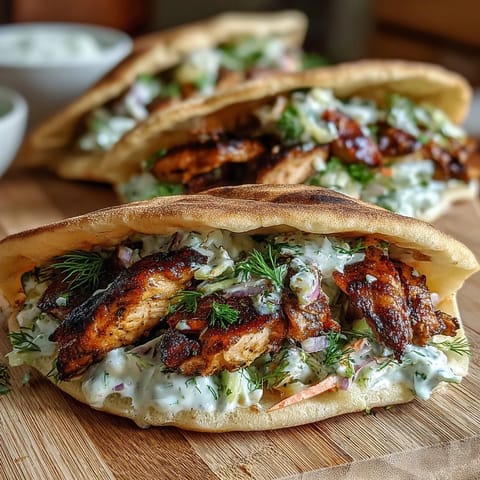 A close-up of Flavor-Packed Chicken Pitas with Creamy Herby Ranch Slaw, overflowing with crisp vegetables and tender meat.