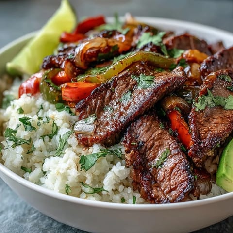Juicy marinated steak and charred veggies piled over cauliflower rice make a vibrant, low-carb Steak Fajita Bowl topped with fresh cilantro.