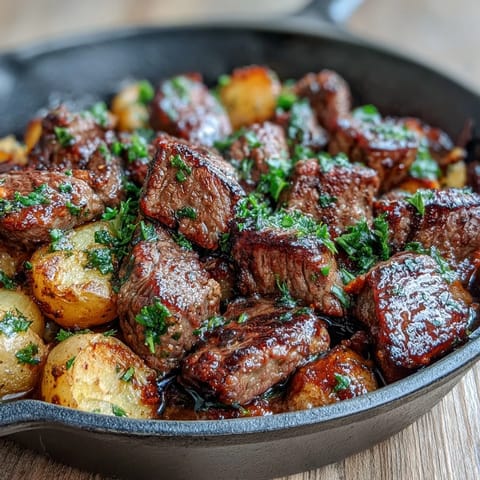 Savory Garlic Butter Steak & Potato Skillet topped with fresh parsley and lemon, ready for a hearty family dinner.