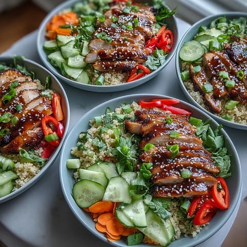 Colorful sesame ginger chicken couscous bowls garnished with herbs and toasted sesame seeds.