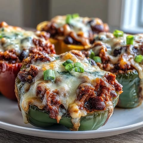 Golden baked bell peppers stuffed with chili mac and topped with bubbly cheddar cheese, served fresh from the oven.