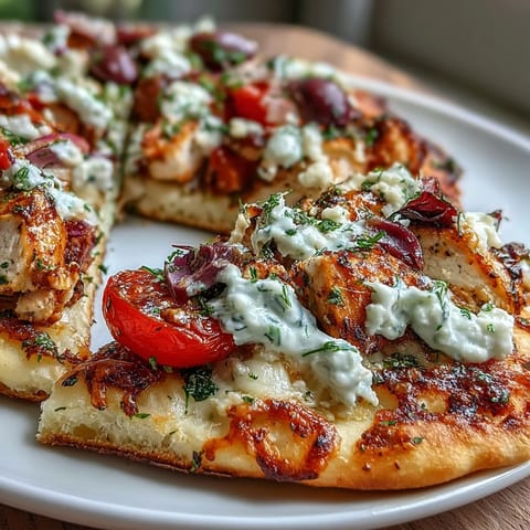 Golden-brown Lemon Feta Chicken Naan Pizza fresh from the oven, topped with Kalamata olives and cherry tomatoes, ready to slice.