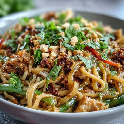 Creamy Thai-Inspired Peanut Noodle Bowls with tender chicken, crisp veggies, and crushed peanuts garnish.