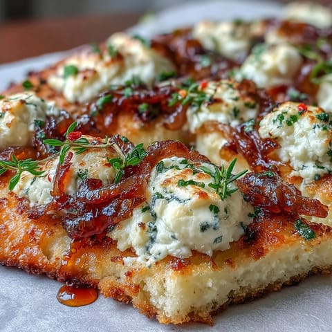 Golden goat cheese and caramelized onion flatbread with honey drizzle and chili flakes on a rustic board.