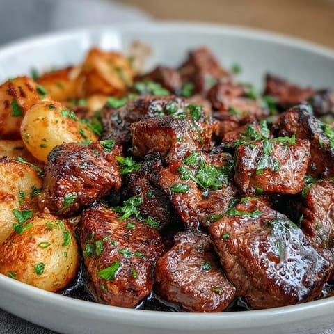 Garlic Butter Steak & Potato Skillet featuring tender sirloin cubes and pan-seared potatoes, garnished with parsley.