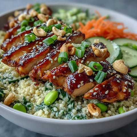 Bright shredded carrots and crisp cucumber add refreshing crunch to this colorful Sesame Ginger Chicken Couscous Bowl, served with a wedge of lime.