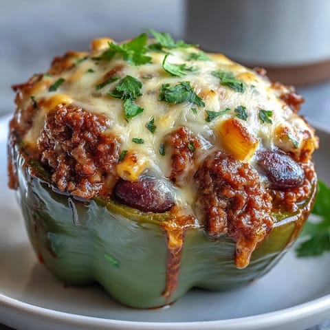 Golden-brown baked chili mac stuffed peppers with melted cheddar, served fresh with chopped cilantro on a plate.