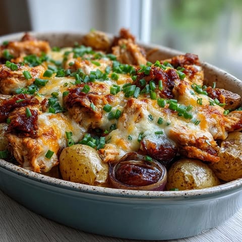 Juicy chicken breasts nestled among tender roasted potatoes, all coated in a vibrant red buffalo ranch sauce.