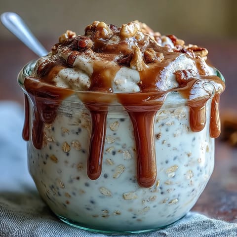 Creamy High-Protein Cinnamon Roll Overnight Oats layered in a jar with a luscious cream cheese drizzle, prepped for a quick breakfast.