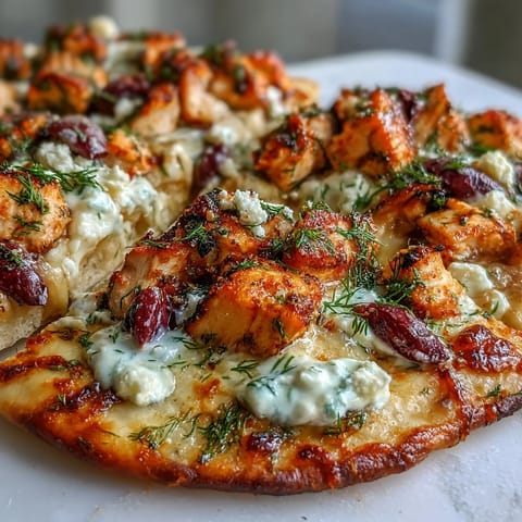 Golden-brown Lemon Feta Chicken Naan Pizza fresh from the oven, topped with fresh dill and lemon wedges on a rustic table.