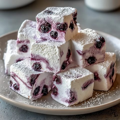 Fluffy homemade marshmallows bursting with the bright, fruity tang of blackcurrant purée, ideal for gourmet s'mores or hot cocoa.  