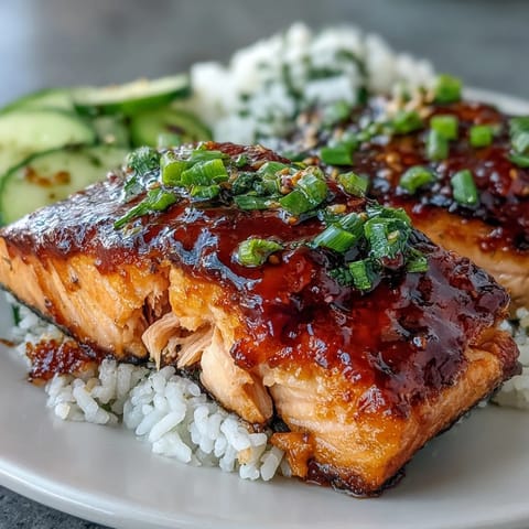 A vibrant honey sriracha salmon bowl with glazed fillets, jasmine rice, avocado, and crisp cucumber, drizzled with spicy sriracha mayo.  