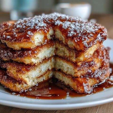 Warm churro-flavored pancakes sprinkled with cinnamon sugar, served golden-brown and inviting on a breakfast plate.  
