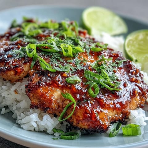 Thai Sweet Chili Chicken sizzling in a skillet, glazed with sticky sweet chili and honey sauce, garnished with green onion and lime wedges.  