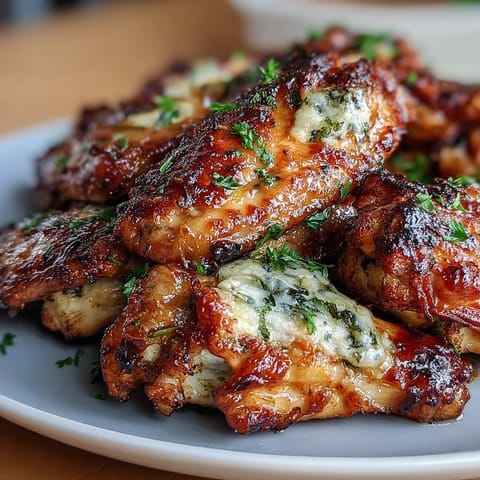 Crispy keto-friendly chicken wings tossed in melted butter with minced garlic and grated Parmesan cheese.  