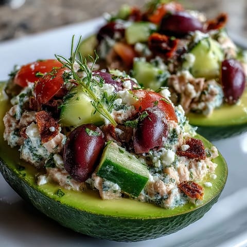 Mediterranean tuna salad stuffed avocados in a vibrant bowl with fresh herbs and lemon slices.  