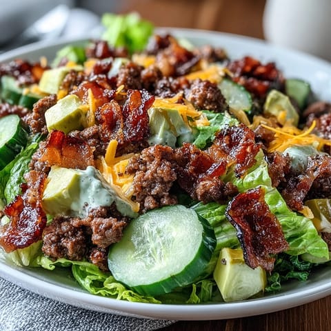 A hearty Keto Bacon Cheeseburger Salad with avocado, pickles, and melted cheddar, served on crisp romaine lettuce.