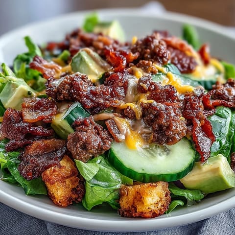 Savory ground beef, crispy bacon, and creamy avocado combine in this low-carb Keto Bacon Cheeseburger Salad with tangy burger sauce.