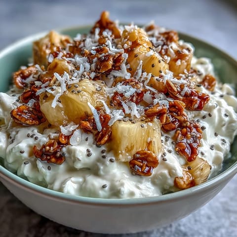 High-protein cottage cheese paired with sweet pineapple and nutty granola in a colorful, energizing breakfast bowl.  