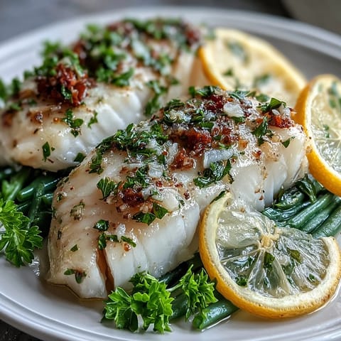 Flavorful lemon garlic tilapia packets with green beans, red onion, and zesty marinade, steamed to perfection in foil.