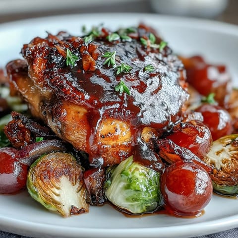 Vibrant sheet pan balsamic chicken with Brussels sprouts and juicy roasted grapes, a perfect one-pan dinner for busy weeknights.  