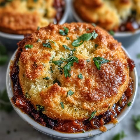 Hearty vegan taco pot pie with black bean filling and golden cornbread topping, baked until bubbling and fragrant.  