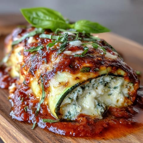 Golden-baked zucchini rolls filled with creamy ricotta, Parmesan, and herbs, served in a savory marinara for a satisfying keto dinner.  