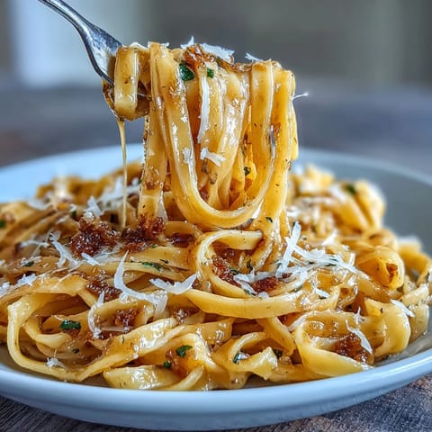 A plate of homemade truffle-infused egg pasta glistening with butter and topped with Parmesan, ready to be savored.