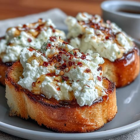 Golden crostini topped with creamy whipped feta, drizzled with spicy hot honey and garnished with fresh herbs for a Mediterranean appetizer.