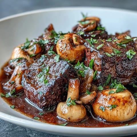 Rich Wild Mushroom Beef Bourguignon with tender beef, earthy mushrooms, and a deep red wine sauce in a rustic cast-iron pot.  