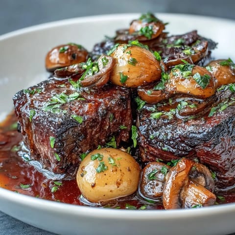 Slow-cooked Wild Mushroom Beef Bourguignon featuring succulent beef, wild mushrooms, and pearl onions in a glossy burgundy sauce.  