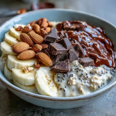 A jar of creamy overnight oats topped with fresh banana slices and rich dark chocolate chunks for a wholesome breakfast.