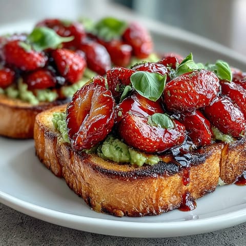 1. Galentine's brunch avocado toast with strawberry balsamic, topped with fresh basil and a drizzle of tangy glaze.  