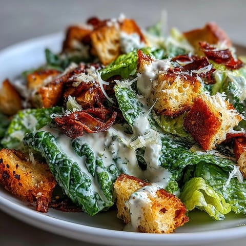 Crispy romaine lettuce tossed with creamy Caesar dressing and golden sourdough croutons, topped with shaved Parmesan and fresh black pepper.  