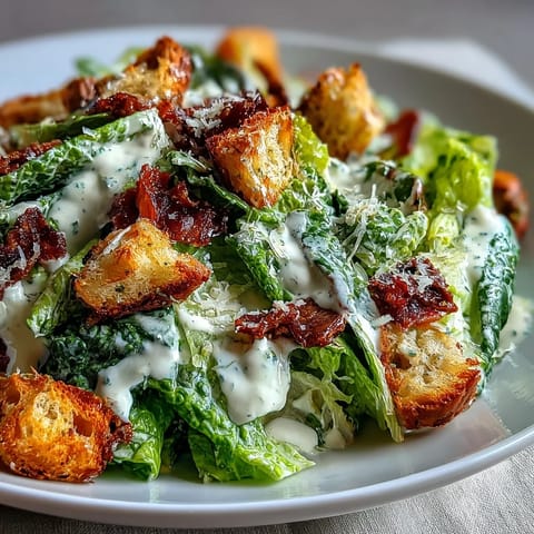 Golden sourdough croutons add irresistible crunch to this classic Caesar salad with crisp romaine, rich dressing, and shaved Parmesan cheese.  