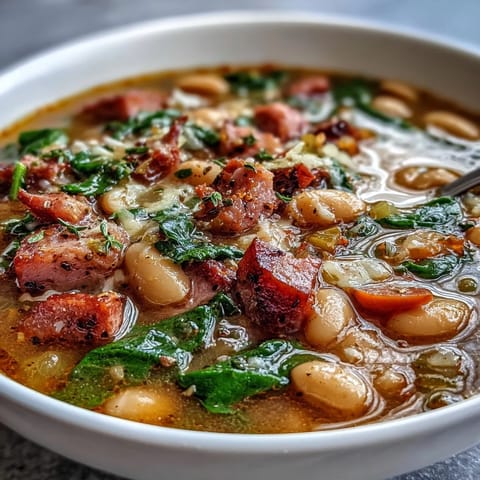 Hearty ham and cannellini bean stew with tender vegetables in a savory tomato broth.
