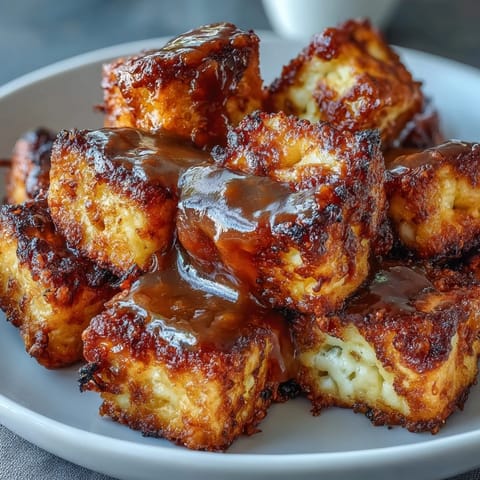 Golden crispy tofu cubes air-fried to perfection, served with a creamy, rich peanut sauce for a flavorful vegan meal.  