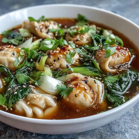 A steaming bowl of Asian Dumpling Soup with tender dumplings, crisp bok choy, and fresh ginger in a savory broth.