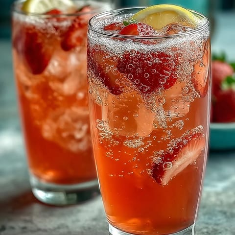 A tall glass filled with vibrant pink strawberry lemonade mocktail, garnished with fresh lemon slices and whole strawberries, sparkling water creating a bubbly, refreshing summer drink.