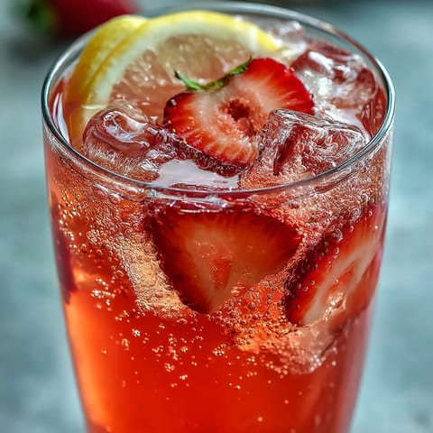 Four clear glasses of chilled strawberry lemonade mocktail topped with ice cubes and lemon wedges, showcasing the bright red hue from fresh strawberries and zesty citrus aroma.