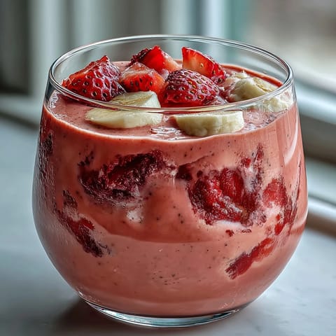 A creamy strawberry banana protein smoothie blended with chia seeds for a nutritious and energizing breakfast boost.
