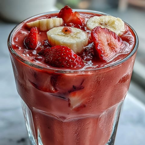 A vibrant, thick smoothie featuring ripe strawberries and banana, enriched with protein powder and chia seeds for lasting energy.