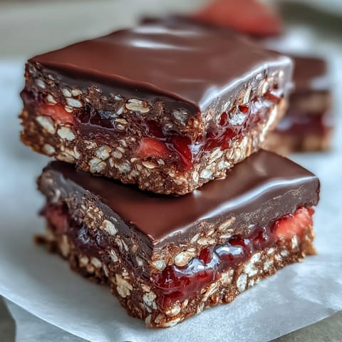 Chocolate-Dipped Strawberry Oat Bars with layers of jam and rich chocolate drizzle on a chewy oat base.  